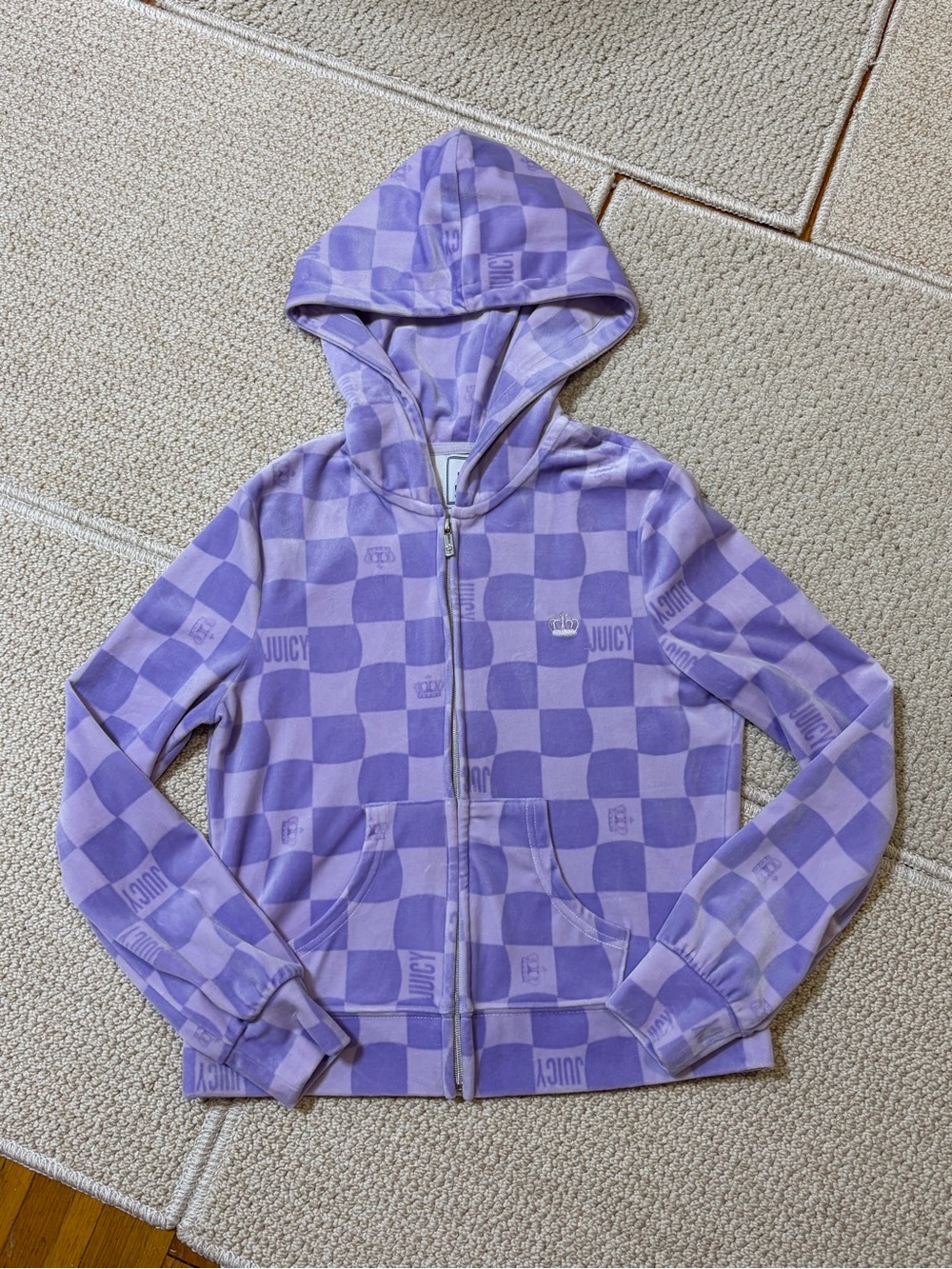 Juicy Couture Velvet Full Zip Track Jacket Fleece Crop S Purple Hoodie Y2K 90s